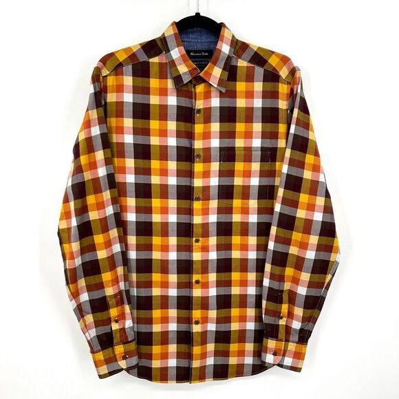 MASSIMO DUTTI Men's Brown Yellow Plaid 100% Cotton Button Up Shirt Size Small - Picture 1 of 6